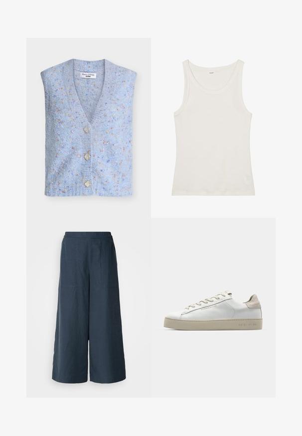 Světlomodrá pletená vesta se zavinovacím výstřihem do V, se čtyřmi knoflíky a s texturovanou tkaninou s barevnými skvrnkami po celém povrchu.; Bílý bavlněný top bez rukávů s širokým výstřihem a tenkými ramínky. Hladká textura bez viditelných vzorů nebo ozdob.; Široké kalhoty v námořnické modři, vyrobené z lehké tkaniny. Mají mírně texturovaný povrch, elastický pas a přední švy.; Bílé kožené tenisky s hladkým povrchem, béžovými semišovými akcenty, kulatou špičkou, plochým šněrováním a texturovanou gumovou podrážkou.