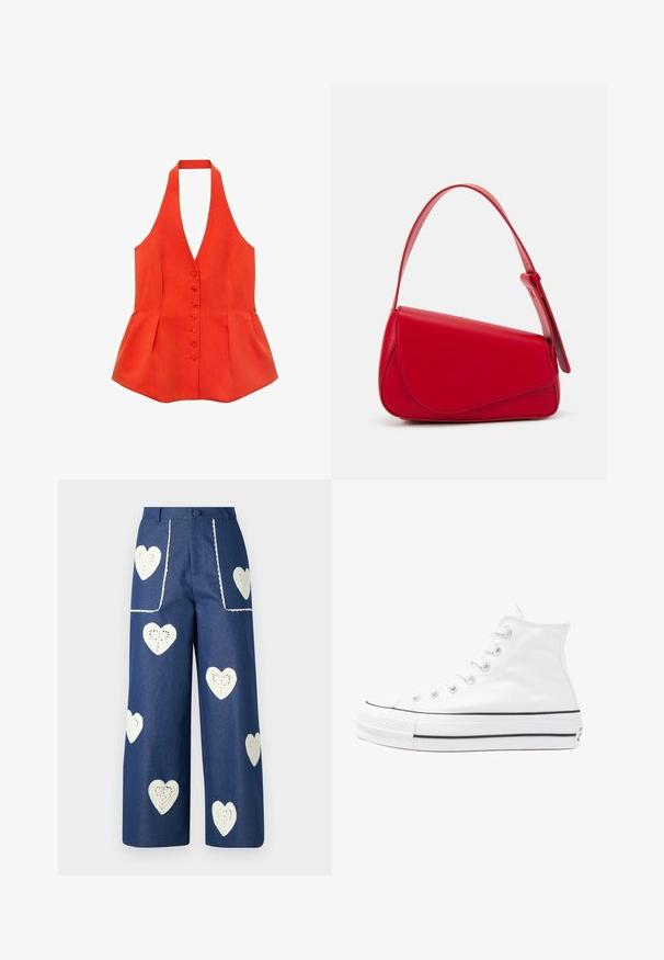 Czerwona bluzka na halter z dopasowanym stanikiem, przednimi guzikami i peplum u dołu. Wykonana z teksturowanej tkaniny, z gładkimi liniami i czystym wzornictwem.; Bluzka w kwiaty z długimi bufkami, w jasnym kremowym kolorze, z fioletowymi, pomarańczowymi i zielonymi wzorami kwiatowymi oraz klasycznym kołnierzykiem.; Sister Jane HEART TO HEART niebieski denim; Białe wysokie trampki z płótna z czarną gumową podeszwą, przednim czubkiem z gumy i sześcioma dziurkami na sznurowadła, charakteryzujące się prostym, minimalistycznym designem.; Czerwona skórzana torebka o kanciastym, geometrycznym designie. Posiada jedną regulowaną rączkę oraz zapięcie na klapę z przeszyciami.