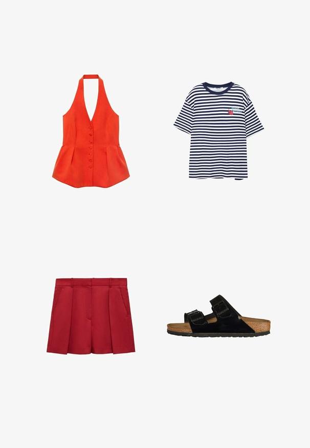 Rød halterneck-top med tætsiddende liv, frontknapper og peplum-søm. Lavet af tekstureret stof med glatte linjer og et rent design.; Stripet T-shirt i marineblå og hvid, korte ærmer, rund hals, med et grafisk motiv af kirsebær og teksten "Super Dessert" på venstre bryst.; Røde skræddersyede shorts lavet af letvægtsstof, med flad front, to sidelommer og en skarp finish med læg.; Sorte patentlæder sandaler med to justerbare stropper, korksål og gummisål, der har en glat tekstur og et minimalistisk design.