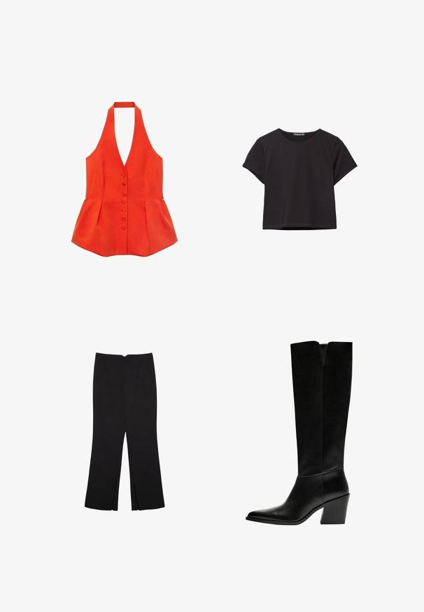 Punainen halterneck-toppi, jossa on vartalonmyötäinen yläosa, etupainikkeet ja peplum-helma. Valmistettu teksturoidusta kankaasta, jossa on sileät linjat ja siisti muotoilu.; Musta lyhythihainen crop-top pehmeästä kankaasta, jossa on pyöreä kaula-aukko ja rento istuvuus siistillä helmalla.; Mustat housut suoralinjaisella leikkauksella, joissa on etutaskut ja sivurei'ät helman alla. Valmistettu pehmeästä ja sileästä kankaasta. Sopii eri tilaisuuksiin.; Mustat polvimittaiset saappaat, jotka on valmistettu sileästä nahasta. Saappaissa on terävä kärki, tukevat korko ja V-muotoinen leikkaus ylhäällä.