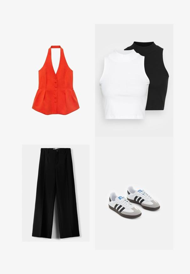 Rotes Top mit Halterneck, enganliegendem Oberteil, Frontknöpfen und Peplum-Saum. Aus strukturiertem Stoff gefertigt, mit glatten Linien und klarem Design.; Zwei ärmellose, gerippte Rollkragenoberteile in Schwarz und Weiß, mit einer figurbetonten Passform und glatter Textur sowie einer cropped Länge.; Schwarze weite Hosen aus leichtem Stoff, mit einem Knopfverschluss vorne und flachem Bund, mit sorgfältig genähten Säumen.; Sportschuhe mit einem Obermaterial aus weißem Leder, grauer Wildleder-Zehenkappe und drei schwarzen Streifen. Sie verfügen über ein blaues Logo auf der Zunge und eine strukturierte Gummisohle.