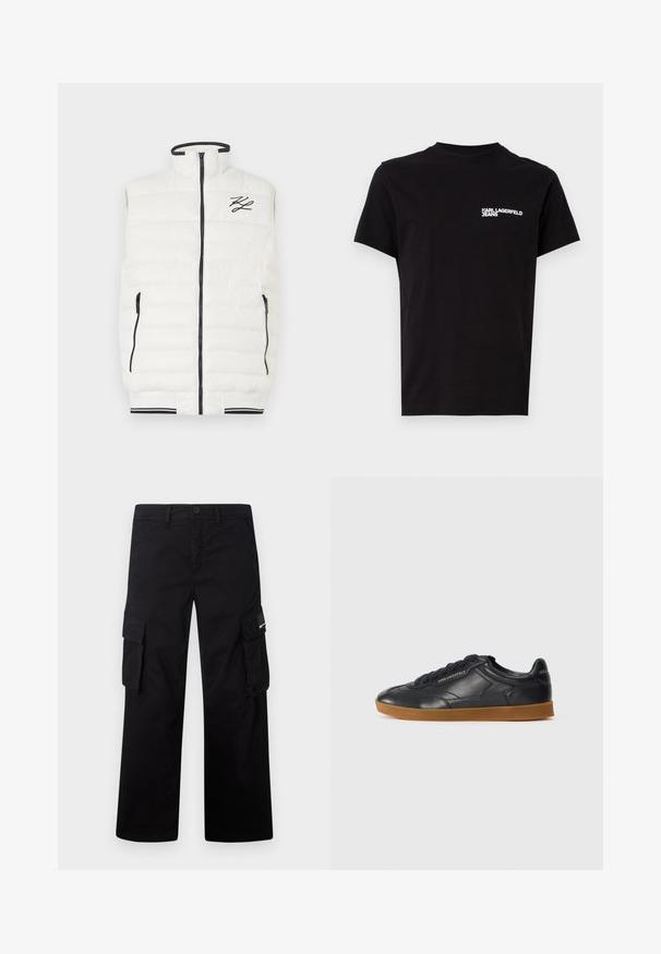 Balta pūkinė liemenė su aukštu apykakle, priekiniais užtrauktukais ir juodais akcentais. Apima dvi užtrauktukais uždarytus šoninius kišenes ir raštuotą apatinį kraštą su juostele.; Juodas medvilninis marškinėlis su apvalia iškirpte ir trumpomis rankovėmis. Išskirtinė balta logotipo tekstas kairėje krūtinės pusėje. Paprastas dizainas.; Juodi kroviniams skirti džinsai, pagaminti iš tvirto audinio, su tiesiu kojų kirpimu, šoninėmis kišenėmis ir mygtukų uždarymu.; Juodas odinis sportinis batelis su apvaliu nosies dizainu, raišteliais ir kontrastinga gumine sola. Šone ir gale yra iškilus prekės ženklas.