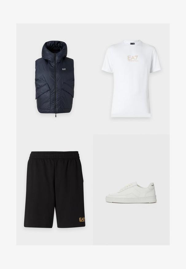 Tengerészeti kék, párnázott mellény magas gallérral, elöl cipzárral és két nagy oldalsó zsebbel. Jellemzője a sima, fényes textúra és a hímzett márkalogó a mellkason.; Fehér pamut póló, kerek nyakkivágással és rövid ujjakkal, az elején arany EA7 Emporio Armani logóval nyomtatva.; Fekete sportnadrág puha anyagból, rugalmas derékkal és egy kis sárga EA7 logóval a bal alsó lábszáron.; Fehér bőr sportcipő sima felülettel, kerek orral, lapos fűzőkkel és texturált talppal. Finom logó található a sarokon.