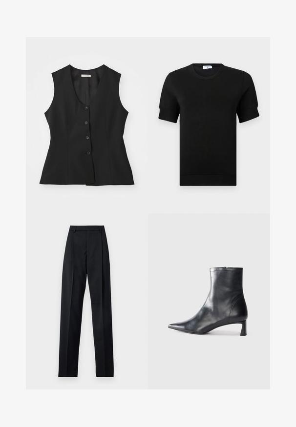 Black sleeveless vest with a deep V-neck, five button closure, tailored fit, and smooth texture. Simple design with no additional patterns.; Black short-sleeve knitted top with a round neckline. Features subtle ribbed detailing at the sleeves and hem, crafted from a smooth fabric.; Black trousers made from smooth fabric featuring a high waist, wide legs, front pleats, and classic belt loops. No side pockets visible.; Black leather ankle boot with a pointed toe and a sleek design. Features a low heel and a zipper closure at the back. Smooth texture.