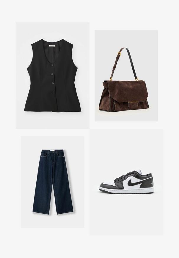 Gilet nero senza maniche con scollatura a V profonda, chiusura con cinque bottoni, vestibilità aderente e texture liscia. Design semplice senza ulteriori motivi.; Maglione a collo alto color panna realizzato in morbido tessuto lavorato a maglia. Presenta polsini e orlo a costine, con una vestibilità rilassata e spalle scese.; Jeans larghi blu scuro in denim. Presentano cinque tasche, una chiusura con bottone e cerniera, e dettagli di cuciture a contrasto.; Le sneaker Nike a basso profilo in bianco e nero presentano una tomaia in pelle liscia, punta rotonda, chiusura con lacci e una suola in gomma con un motivo.; Borsa a tracolla in camoscio marrone scuro con tracolla regolabile, dettagli in metallo color oro e grande chiusura a patta frontale.