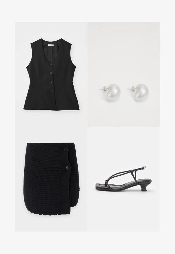 Juodas be rankovių liemenė su giliu V formos iškirpimu, penkių sagų uždarymu, pritaikyta forma ir lygiu audiniu. Paprastas dizainas be papildomų raštų.; Juodas trumpas rankovės kardiganas, pagamintas iš minkštos medžiagos, su smailiu apykakle, klostomu užsegimu ir subtiliu ženklinimu ant rankovės.; Juodas megztas šalis su tekstūriniu raštu, su banguotu apvadu ir dviem juodais mygtukais užsegimui vienoje pusėje.; Juodas odinis šlepetės su plonomis dirželiu, mažu blokuoju kulnu ir kvadratiniu pirštu. Yra sagties uždarymas ir lygus paviršius.; Sidabriniai perlų auskarai su kreivai suformuota pupelės forma. Lygus, blizgus paviršius, uždaromi segtuku ir atgaline fiksacija.