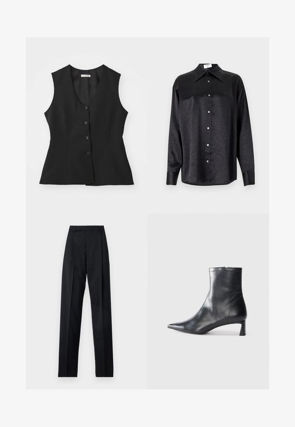 Fekete ujjatlan mellény mély V-nyakkal, öt gombos záródással, testhezálló fazonnal és sima textúrával. Egyszerű design, további minták nélkül.; Fekete, hosszú ujjú ing, galléros nyakkal, gyűrött textúrával, teljes gombos elejével és mandzsettákkal. Simaságú anyagból készült.; Fekete nadrág sima anyagból, magas derékkal, széles lábakkal, elülső redőkkel és klasszikus övhurkokkal. Oldalzsebek nem láthatók.; Fekete bőr bokacsizma hegyes orral és letisztult dizájnnal. Alacsony sarka és hátsó cipzáras záródása van. Simának tűnő textúra.