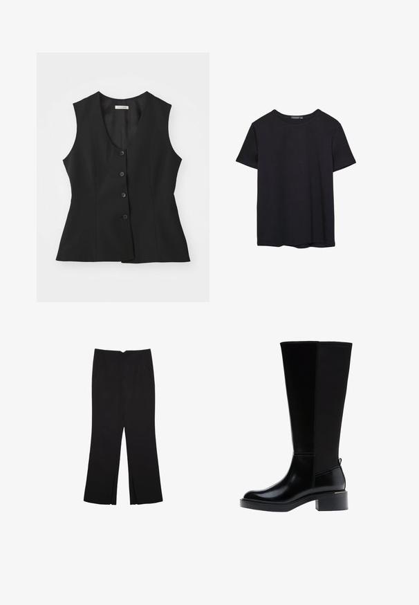 Schwarze ärmellose Weste mit tiefem V-Ausschnitt, fünfknöpfigem Verschluss, taillierter Passform und glatter Textur. Schlichtes Design ohne zusätzliche Muster.; Einfaches schwarzes T-Shirt aus Baumwolle mit kurzen Ärmeln und Rundhalsausschnitt, auf einem weißen Hintergrund dargestellt.; Schwarze Hose mit geradem Schnitt, ausgestattet mit Fronttaschen und Seitenschlitzen am Saum. Hergestellt aus weichem, glattem Stoff. Geeignet für verschiedene Anlässe.; Knöchelhohe schwarze Lederstiefel mit glanzender Oberfläche, quadratischer Spitze, Blockabsatz und einer Seitennaht. Verfügt über eine Zuglasche hinten.