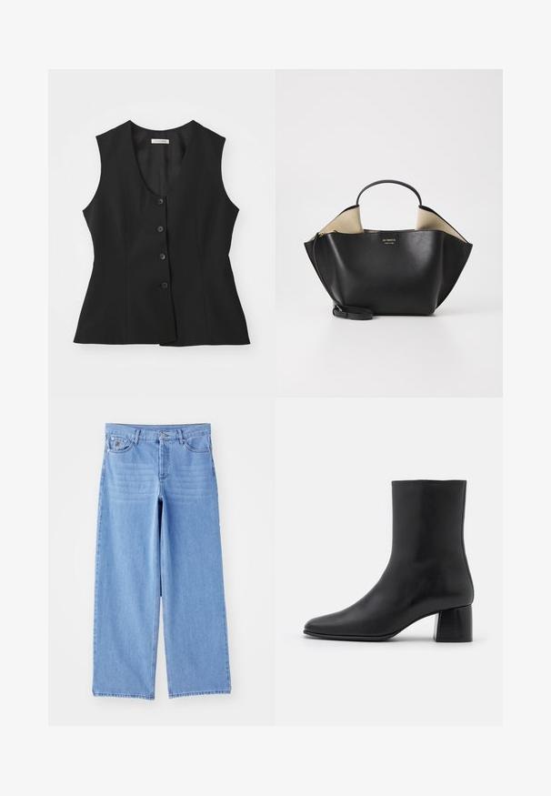 Melnas bez piedurknēm veste ar dziļu V-veida kakla izgriezumu, piecu pogu aizdare, piegriezums, kas izceļ figūru, un gluda tekstūra. Vienkārša dizaina ar bez papildu rakstiem.; Melnas ilgas piedurknes krekls, kas izgatavots no mīksta auduma, ar apaļu kakla izgriezumu un brīvu piegriezumu, ar sānu šķēlumiem apakšmalā, lai nodrošinātu ērtu kustību.; Gaiši zili platā kāja džinsi, izgatavoti no denima, ar klasisku piecu kabatu dizainu un pogu aizdari. Gluda tekstūra, sakrāmēta apakšmala.; Melnas ādas potīšu zābaki ar norādītu pirkstu un masīvu kvadrātveida papēdi. Gluda tekstūra ar bezšuvju dizainu un minimālistisku šuvēm.; Ree Projects ANN TOTE MINI - Rokassoma - black; Sudraba pērļu auskari ar izliekta, pupiņas formas dizainu. Gluda, spīdīga virsma un nostiprināti ar tapu un aizmugures aizdari.