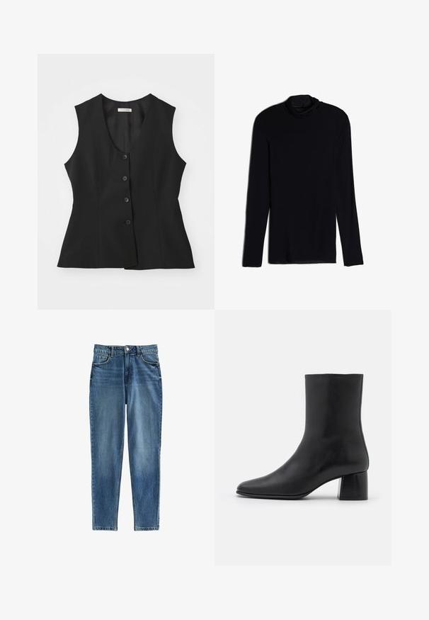 Chaleco negro sin mangas con un escote en V profundo, cierre de cinco botones, ajuste entallado y textura suave. Diseño simple sin patrones adicionales.; Top negro de manga larga con cuello tipo cowl, hecho de una tela suave y lisa; diseño ajustado con dobladillo recto y sin costuras visibles.; Jeans de mezclilla azul con fit recto, que cuentan con una cintura alta, cinco bolsillos y áreas sutilmente desgastadas para texturizar. Cierre con botón de metal.; Botín negro de cuero hasta el tobillo con punta afilada y un tacón cuadrado y grueso. Textura suave con un diseño sin costuras y un estilo minimalista en las costuras.