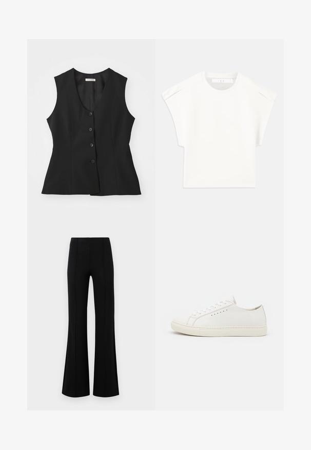 Svart ermeløs vest med dyp V-hals, fem-knappers lukking, skreddersydd passform og glatt tekstur. Enkel design uten tilleggsmønstre.; Hvit boksformet t-skjorte med korte ermer. Laget av glatt stoff, med rund hals og subtile skulderdetaljer. Enkel design.; Svart utsvungne bukser med høy midje, laget av elastisk stoff. Har vertikale sømmer foran og en glatt tekstur.; Hvite lær sneakers med glatt tekstur, rund tå, minimale snøringer og flat gummisåle. Enkelt design uten ekstra aksenter.