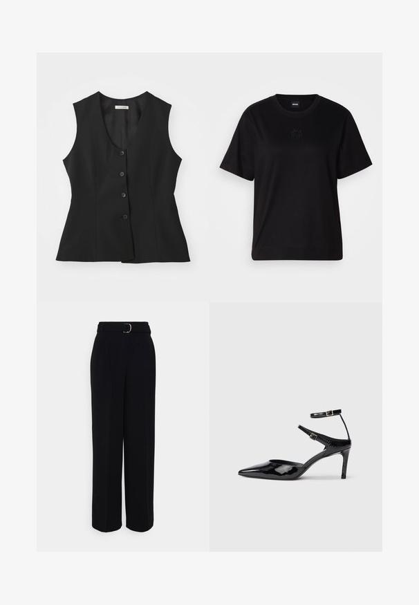 Fekete ujjatlan mellény mély V-nyakkal, öt gombos záródással, testhezálló fazonnal és sima textúrával. Egyszerű design, további minták nélkül.; Fekete pamut póló kerek nyakkivágással, rövid ujjakkal és hímzett logóval a mellkasán. Egyszerű, laza szabás, minta nélkül.; Fekete, testre szabott nadrág, széles szárű sziluettel, ezüst csattal ellátott övvel, pliszékkel és sima textúrával.; Fekete lakkbőr magassarkú cipők hegyes orral, állítható bokapánttal és vékony sarokkal. Simább textúra fényes kivitelben.