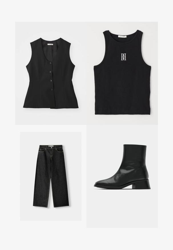 Black sleeveless vest with a deep V-neck, five button closure, tailored fit, and smooth texture. Simple design with no additional patterns.; Black ribbed tank top featuring a round neckline and embroidered logo in white. Fabric has a smooth texture with a fitted shape.; Black denim wide-leg jeans featuring five pockets, metal button and zipper closure, and contrasting yellow stitching along the seams.; Black ankle boot made of shiny leather, featuring a sleek design, pointed toe, and a moderate block heel for stability.