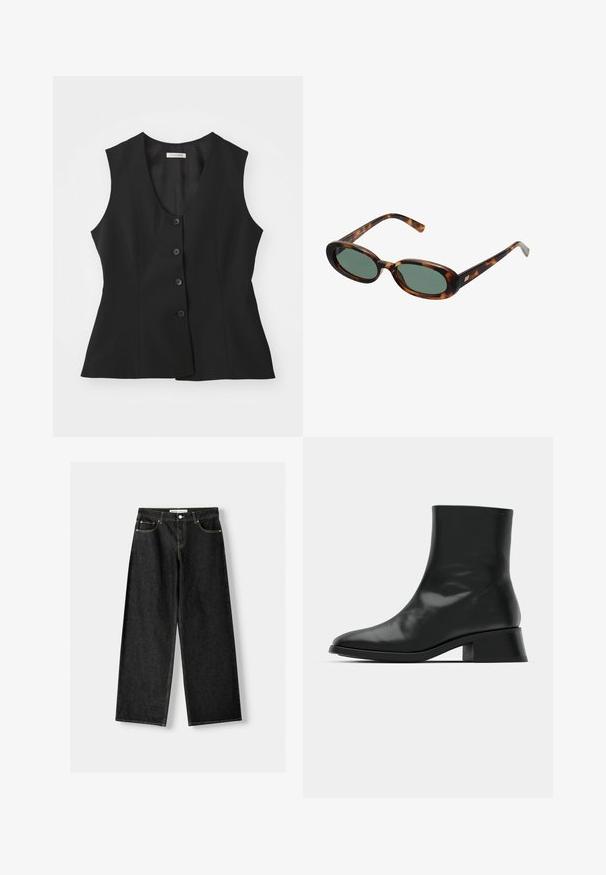 Svart ärmlös väst med djup V-ringning, fem knappar, skräddarsydd passform och slät textur. Enkelt design utan ytterligare mönster.; Svart ribbad linne med rund halsringning och broderad logotyp i vitt. Tyg med en mjuk textur och en åtsittande passform.; Svart denim byxor med vida ben som har fem fickor, metallknapp och dragkedja, samt kontrasterande gul sömnad längs sömmarna.; Svart ankelboot i glänsande läder, med en smäcker design, spetsig tå och en måttlig blockklack för stabilitet.; Sköldpaddsmönstrade solglasögon med ovala bågar och gröna linser. Har tunna skalmar med en metallisk detalj vid gångjärnen.