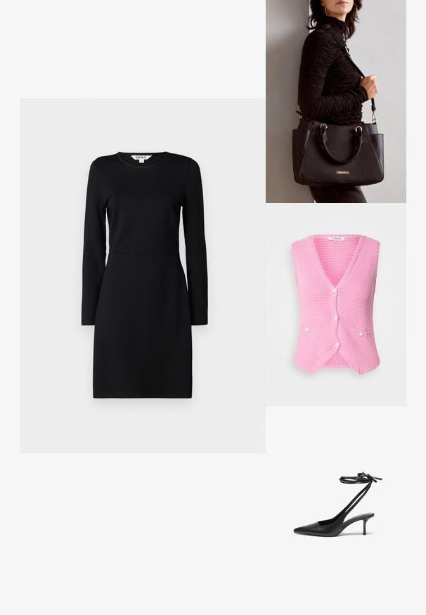 Colete de croché rosa com um decote em V profundo, apresentando um fecho de botão e dois bolsos frontais decorativos. Textura suave com um padrão canelado.; Vestido preto de mangas longas com gola arredondada. Silhueta ajustada com detalhe de costura na cintura. Tecido macio, textura suave. Sem padrões ou adornos.; Shoe stileto de couro preto com bico fino, parte traseira aberta e tiras de tornozelo atadas em um laço. Salto fino de 7,5 cm. Textura suave, design minimalista.; Bolsa preta com superfície texturizada, alças superiores duplas e alça de ombro ajustável. Apresenta ferragens em tom dourado e bolsos laterais.