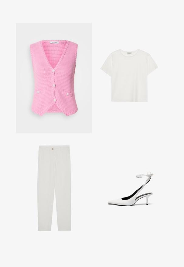 Roza heklana prsluk s dubokim V-izrezom, koji ima kopčanje na dugmad i dvije dekorativne prednje džepove. Mekana tekstura s rebrastim uzorkom.; Bijela kratkodlaka majica od mekog pamuka. Ima okrugli izrez i opušteni kroj. Čist dizajn bez vidljivih uzoraka ili akcenata.; Bijele, krojene hlače ravnog kroja, s kopčanjem na dugme, petljama za remen i bočnim džepovima; glatka tekstura tkanine.; Bijele cipele s otvorenim petama s oštrim vrhom i tankim remenom oko gležnja. Glatki kožni materijal, tanki stileto potplat i crna unutarnja obloga.