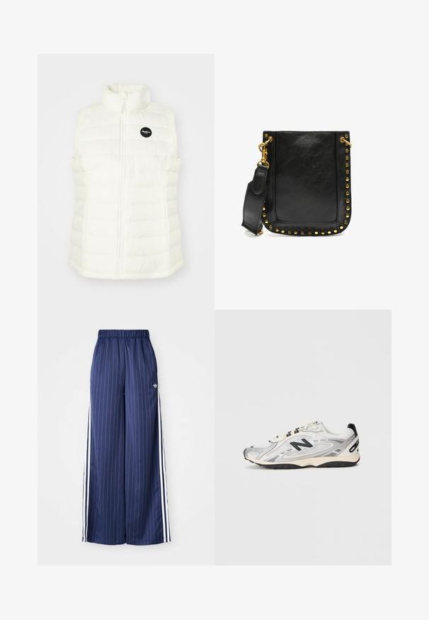 Balta pūkinė liemenė su aukštu apykakle ir priekiu užtrauktuku. Yra siuvinėti stačiakampiai skyriai ir juodas apvalus logotipas kairėje krūtinės pusėje.; Balta marškinių su ilgomis rankovėmis, raukšlėtu aukštu apykakliniu, ir vertikaliu raukšlėtu akcentu priekyje. Lengvas medvilnės audinys.; Tamsiai mėlynos plačios kojos kelnės su vertikaliomis baltomis juostelėmis, elastinga juosmens juosta ir trimis baltomis juostelėmis kiekvienoje pusėje, pagamintos iš lengvos medžiagos.; Pilkas ir baltas sportinis batai su apvaliu kojų pirštu, tinklinėmis ir sintetinėmis medžiagomis, juodais akcentais bei tekstūruota guma padais.; Juodas odinis rankinė su auksinėmis studijomis palei kraštus, plokščia forma ir reguliuojama dirželiu su auksinėmis sagtimis.