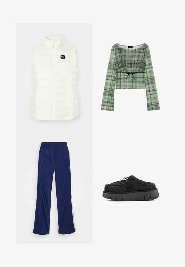 Vit pufferväst med hög krage och frontdragkedja. Utmärker sig med sydda rektangulära sektioner och en svart cirkulär logotyp på vänster bröst.; Grön rutigt kortärmad topp med lång ärm, med en draperad halsringning och svart knytband vid midjan. Tillverkad av lättviktig tyg.; Marina atletiska byxor med elastisk midja, raka ben och sidodragkedjor. Har vit piping längs sidorna. Slät tygtextur.; Svart mocka slip-on sko med pälsdetalj, flätad sömnad och en kraftig svart sula. Har en märkesrem över ovandelen.