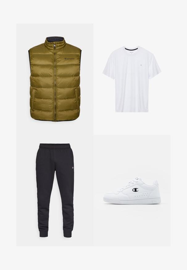 Alyvuogių žalios spalvos be rankovių pūkinė liemenė su aukštu apykakle, priekyje su užtrauktuku ir šoninėmis kišenėmis. Logotipas kairėje krūtinės pusėje, tekstūrinis siuvinėtas raštas.; Balta apvalios kaklo marškinėliai, pagaminti iš medvilnės, su trumpomis rankovėmis ir mažuoju logotipu, išsiuvinėtu kairėje krūtinės pusėje. Minkštas audinys.; Juodi medvilniniai sportiniai džinsai su elasticiniu juosmeniu ir rankogaliais. Šone yra logotipo detalė. Lygus tekstūras, siaurėjanti forma.; Baltos sportinės kedai su lygiu sintetinės medžiagos viršumi, juodu logotipo akcentu ir perforuotomis detalėmis šonuose. Gumos padas.