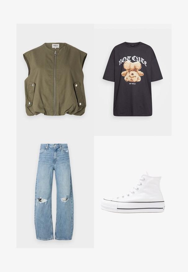 Olivgrüner ärmelloser Weste aus leichtem Material, mit einem Frontreißverschluss, Druckknopftaschen und einem gerafften Saum.; Schwarzes, übergroßes T-Shirt mit einem Grafikdruck eines Bären und dem Text "NICHT SÜß, SONDERN WILD" in fetter, weißer Schrift. Baumwollmaterial.; Helles, hochtailliertes Jeans aus Denim. Hat weit geschnittene Beine, zwei aufgerissene Kniebereiche und klassischen Fünf-Taschen-Stil.; Weiße hochwertige Leinensneaker mit schwarzer Gummisohle, vorderem Gummizehenschutz und sechs Ösen für Schnürsenkel, die ein sauberes, minimalistisches Design aufweisen.