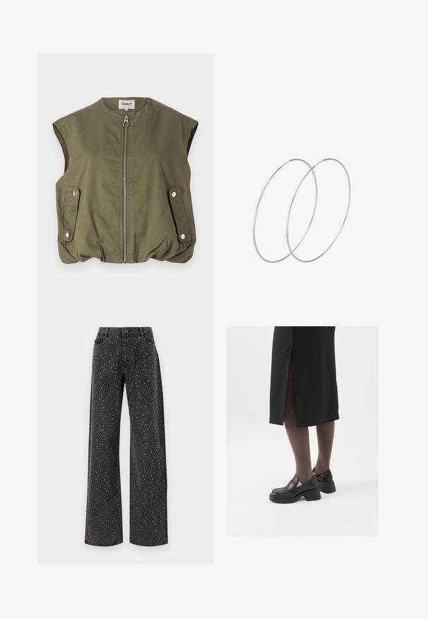 Olijfgroene mouwloze vest gemaakt van lichtgewicht stof, voorzien van een rits aan de voorkant, drukknoopzakken en een gathered zoom aan de onderkant.; Zwarte bodysuit met lange mouwen, voorzien van een mesh V-halslijn en geplooide schouderdetails. Glad fabric met een aansluitende pasvorm.; Noisy May NMJANNEL LOOSE - Relaxed fit jeans - black denim; Zwarte leren schoenen met een ronde neus, dikke blokhak en elastische zijkanten, gecombineerd met donkere panty's en een zwarte rok met een split.; Zilveren hoepel oorbellen met een minimalistisch ontwerp. Cirkelvormig, gladde textuur en dun profiel. Lichtgewicht met een gepolijste afwerking.
