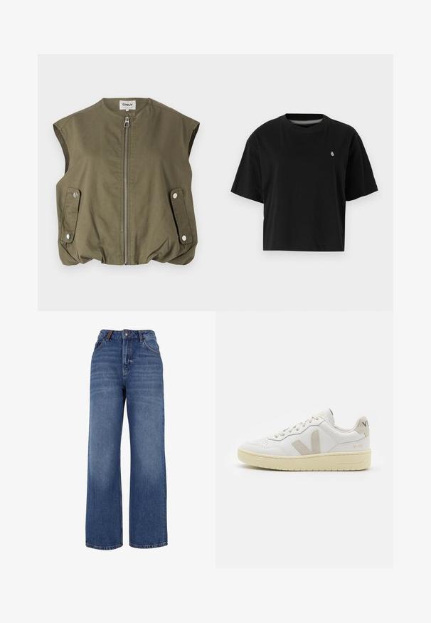 Olīvu zaļš bezpiedurkņu žakets, kas izgatavots no viegla auduma, ar priekšējo rāvējslēdzēju, sprādzēm kabatām un savilktu apakšmalu.; Melnā īsā krekla blūze, izgatavota no kokvilnas, ar īsām piedurknēm, apaļu izgriezumu un mazu baltu logotipu kreisajā krūtī.; Plati kāju džinsi izgatavoti no vidēji smaga zila kokvilnas auduma. Ievērojama klasiskā piecu kabatu dizaina un rāvējslēdzēja aizdare ar pogu.; Baltas ādas sporta apavu pāris ar bēšiem zamša akcentiem, caurumiņu purngalā, plakanu šņorēšanu un teksturētu krēmkrāsas zoli. Iezīmējas ar diskrētu zīmolu uz papēža.