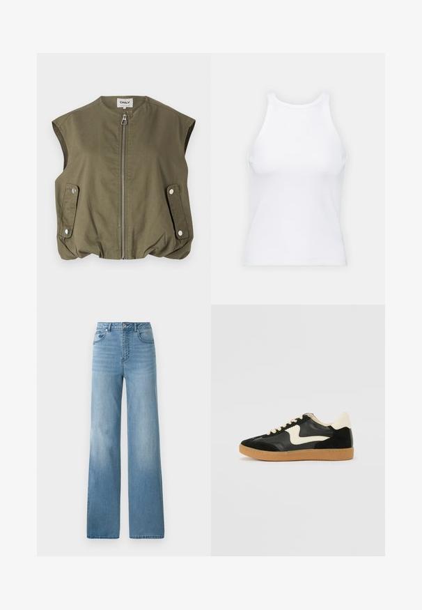 Oliven grøn ærmeløs vest lavet af letvægtsstof, med en frontlynlås, tryklåslommer og en samlet bundkant.; Hvid ærmeløs tanktop lavet af ribbet stof, med en rund halsudskæring og en tætsiddende silhuet, med minimale sømme og ingen pynt.; Lyseblå højtaljede jeans med lige ben. Fremstillet af denim, med fem lommer og knaplukning.; Sorte ruskinds- og lædersneakers med en cremefarvet side-swoosh og lys cremefarvet hæl. Har beige snørebånd og en gummirubber-sål.