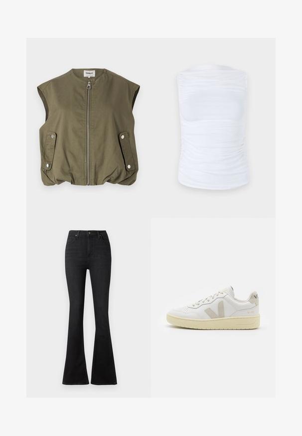 Olívazöld, ujjatlan mellény, könnyű szövetből készült, elülső cipzárral, patentos zsebekkel és redőzött alsó szegéllyel. ; Fehér, ujjatlan felső sima, rugalmas anyagból, az oldalakon redőzött részletekkel, kerek nyakkivágással és fitted sziluettel.; Fekete, trapéz fazonú farmernadrág, magas derékkal, elülső zsebekkel és klasszikus, öt zsebes kialakítással, fémből készült gombokkal.; Fehér bőr sneaker bézs velúr részletekkel, perforált orr résszel, lapos fűzőkkel és textúrált krémszínű talppal. Finom márkajelzés található a sarkán.