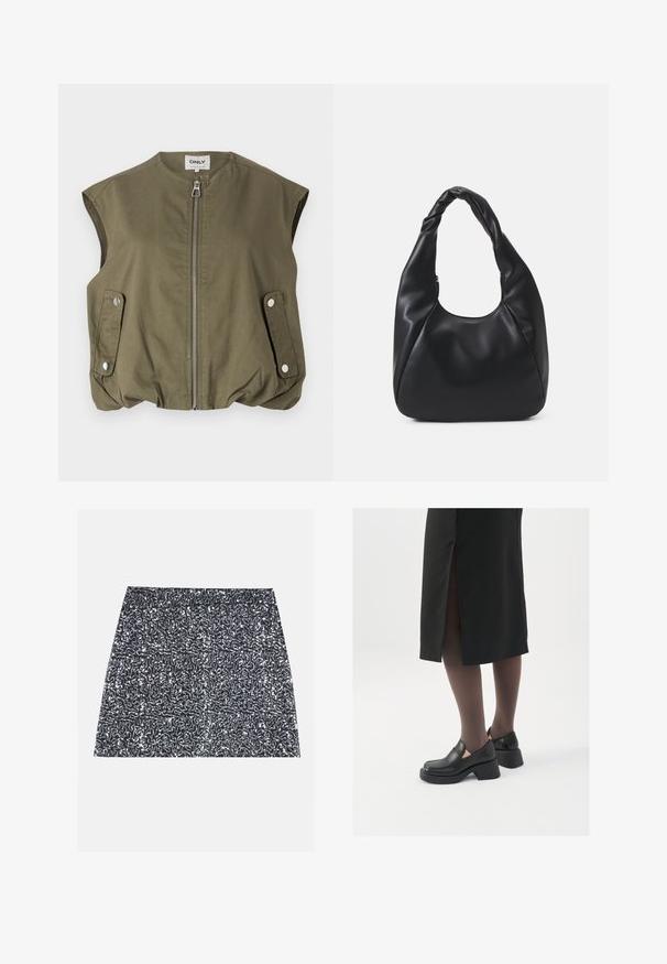Õlivarjucco stantsiita vest, mis on valmistatud kerge kangaga, esiküljel on tõmblukk, nööbiga taskud ja kogutud alumine äär.; Kaks musta ja valget ilma varrukat ribikrae topi, millel on sobiv disain ja sile tekstuur, ning lühikesed pikkused.; Hõbedane sädelev mini seelik, millel on tekstuuriline muster ja sirge lõige. Kanga pind paistab läikiv ja peegeldav.; Mustad mustad jalatsid ümmarguse varbaga, paksu plokkniidi ja elastsete külgdetailidega, kombineeritud tumedate sukkade ja musta lõhikuga seelikuga.; Must värvi hobo kott, mis on valmistatud siledast nahataolisest materjalist, keeratud käepidemega, pehme ja ümar kuju ning ülemise tõmblukuga sulgur.