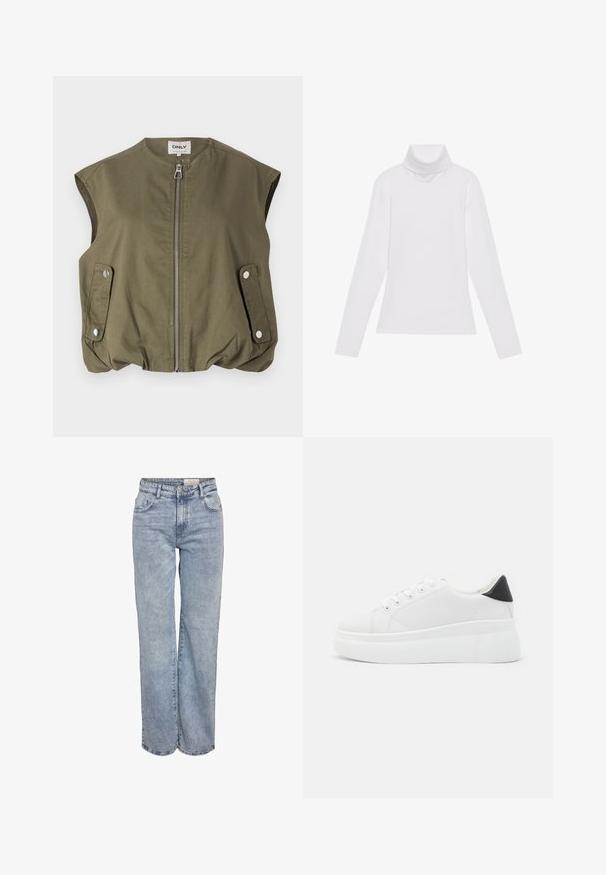 Olijfgroene mouwloze vest gemaakt van lichtgewicht stof, voorzien van een rits aan de voorkant, drukknoopzakken en een gathered zoom aan de onderkant.; Witte lange mouw turtleneck top gemaakt van glad, elastisch materiaal. Voorzien van een hoge kraag en een getailleerd ontwerp, zonder zichtbare patronen of versieringen.; Lichtblauwe wijde jeans gemaakt van denim, met een hoge taille, vijf zakken en subtiele vervaging voor een versleten uitstraling.; Witte platform sneakers van glad synthetisch materiaal, met een afgeronde neus, vetersluiting en een gestructureerde rubberen zool. Zwarte hielaccent.