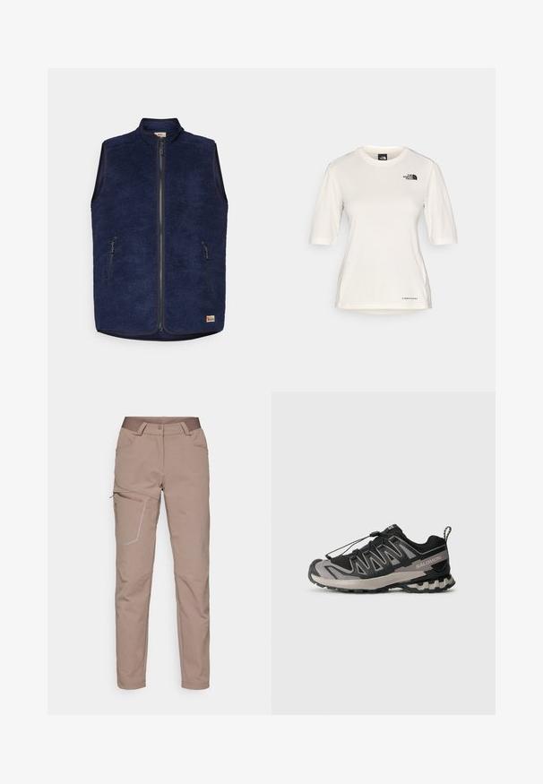 Mornarji modra flisasta jakna z visokim ovratnikom, sprednjim zadrgo in dvema stranskima žepoma z zadrgo. Mehka tekstura in izolirana zasnova za toploto.; The North Face SHADOW SHORT SLEEVE - Športne majice - white dune; Salomon WAYFARER WARM PANTS - Hlače za na prostem - iron; Črne in sive športne čevlje z mrežasto zgornjim delom, gumijastim podplatom in elastiko za vezalke. Imajo ojačan prst in teksturirane detajle.