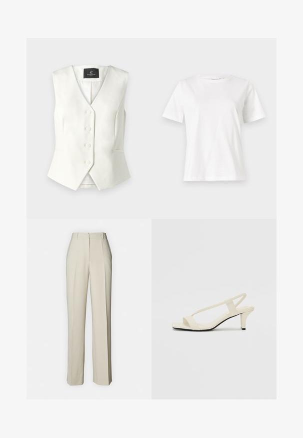 Bruuns Bazaar STATICE BIELLE WAISTCOAT - Brezrokavnik - snow white; Bela bombažna majica s kratkimi rokavi, okroglo izrezana in ohlapnega kroja. Gladka tekstura, brez vzorcev ali dodatkov, minimalističen dizajn.; Bež hlače s prilagojenim krojem in ravnim rezom, s sprednjimi pregibi, ravnim pasom in gladko teksturo za čist videz.; Bež sandale z blok peto, tankimi trakovi in kvadratnim prstom. Gladek material z minimalnim okrasjem, zasnovan za enostavno nošenje.