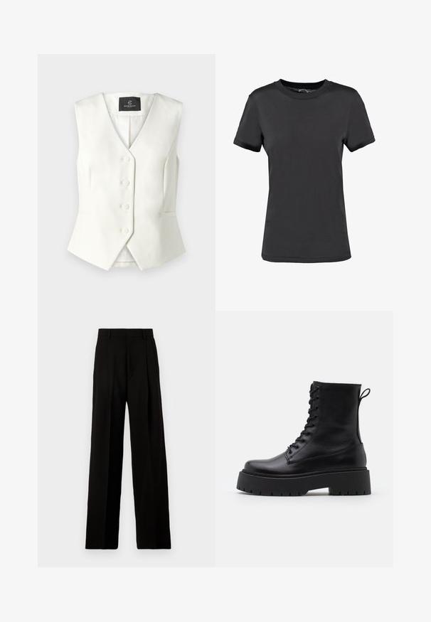 Bruuns Bazaar STATICE BIELLE WAISTCOAT - Colete - snow white; T-shirt preta de mangas curtas feita de tecido suave. Apresenta um gola redonda sem padrões ou accents visíveis, oferecendo um design simples.; Calças largas pretas feitas de tecido suave, com uma cintura alta, pregas frontais e um design limpo e bem ajustado, sem adornos.; Botas de couro pretas até ao tornozelo, com bico redondo, atacador na frente e uma sola de borracha espessa com um padrão texturizado. Alça na parte de trás.