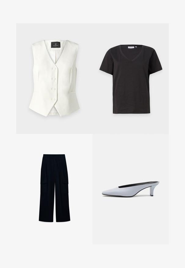 Bruuns Bazaar STATICE BIELLE WAISTCOAT - Vesta - snow white; Čierne bavlnené tričko s výstrihom do V a krátkymi rukávmi. Jednoduchý dizajn s bežným strihom a bez vzorov alebo akcentov.; Široké nohavice s vysokým pásom z tmavomodrého materiálu. Obsahujú záhyby a dve bočné cargo vrecká. Hladká textúra s čistým dizajnom.; Svetlomodrá lakovaná mule s špicatou špičkou, nízkym priehľadným opätkom a elegantným dizajnom s vykrojením na prednej časti.