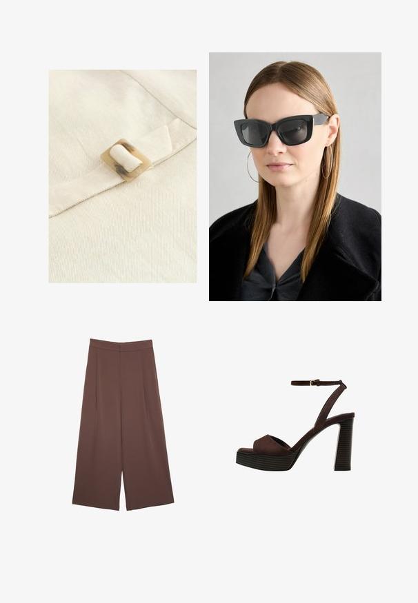 Un tessuto beige chiaro presenta una texture a righe orizzontali, con una fibbia quadrata in tartaruga chiara attaccata a una cinghia di stoffa.; Maglione lavorato a maglia color marrone scuro con scollo rotondo, spalle scese, polsini e orlo a coste, caratterizzato da una morbida texture e una vestibilità comoda.; Pantaloni ampi marroni con una texture liscia, caratterizzati da una vita alta e pieghe frontali. Il tessuto è leggero e scorre liberamente.; Sandal in camoscio marrone con tacco alto, punta aperta, cinturino alla caviglia regolabile e suola a piattaforma striata.; Occhiali da sole a forma di occhio di gatto neri con lenti scure, montatura spessa e dettagli sottili. Indossati con un cappotto nero e una maglia grigia, con capelli lunghi e lisci.