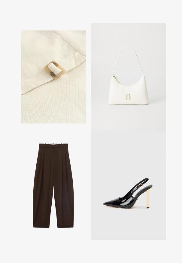 Un tessuto beige chiaro presenta una texture a righe orizzontali, con una fibbia quadrata in tartaruga chiara attaccata a una cinghia di stoffa.; Maglietta nera a maniche lunghe in tessuto morbido, con colletto classico, chiusura frontale con bottoni dorati e polsini ampi.; Pantaloni marroni a vita alta con pieghe, realizzati in tessuto morbido. Vestibilità ampia, design a gamba dritta, dotati di passanti per cintura e chiusura con zip.; Scarpa con tacco alto a punta in pelle verniciata nera, con cinturino alla caviglia regolabile e dettaglio del tacco quadrato in tonalità oro.; Borsa bianca con una forma curvata e una texture liscia. Presenta un accentuato logo dorato e una chiusura con zip. Tracolla regolabile.