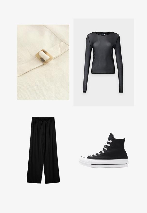 Svetlo béžová tkanina má vodorovnú rebrovú textúru, s hranatou, svetlou korytnačou prackou pripnutou k textilnému popruhu.; Čierny top s dlhými rukávmi vyrobený z priesvitného materiálu, s okrúhlym výstrihom a úzkym strihom, s jemne zakončenými okrajmi.; Čierne nohavice s širokými nohavicami vyrobené z ľahkej tkaniny, s elastickým pásom a sťahovacím šnúrkovým pásom pre nastaviteľné prispôsobenie. Hladká textúra.; Čierne plátkové tenisky v štýle high-top s bielymi očkami, šnúrkami a gumovou podrážkou. Obsahujú textúrovanú špičku a čierno-biele pruhy.