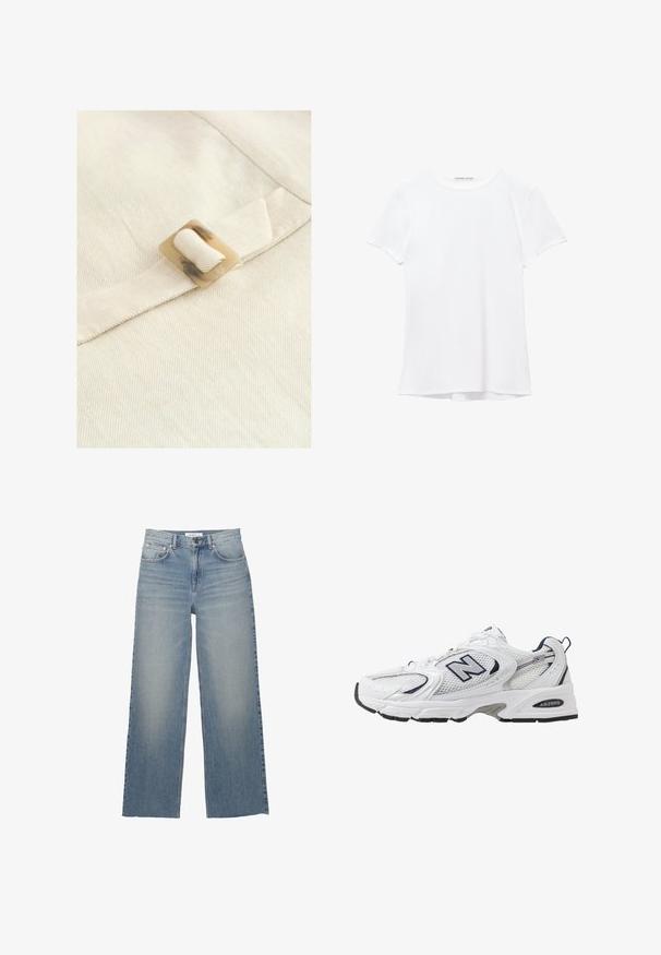 Ein hellbeiger Stoff mit einer horizontalen Rippstruktur, an dem ein quadratischer, heller Schildpattverschluss an einem Stoffgurt befestigt ist.; Weißes T-Shirt mit kurzen Ärmeln aus glatter Stoffqualität, mit rundem Ausschnitt und dezenten Nähten am Saum.; Helle blaue weit geschnittene Jeans aus Denim mit hoher Taille, vorderen Taschen und einem Knopfverschluss. Glatte Textur mit ausgewaschenen Stellen.; Weißer Sportschuh mit Mesh-Obermaterial, navyblauen Akzenten und gepolsterter Sohle. Verfügt über das "N"-Logo, Schnürsenkel und eine strukturierte Detailverarbeitung an der Seite.