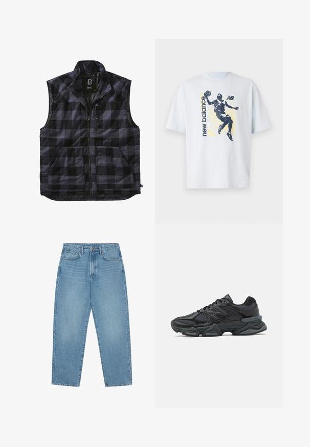 Černá a šedá kostkovaná vesta s vysokým límečkem, předním zipem a dvěma velkými bočními kapsami. Měkká textura a prošívaný design.; Světle modré bavlněné tričko s tmavou siluetou basketbalisty a textem "new balance" v kontrastních barvách. Krátké rukávy.; Světle modré džíny s širokými nohavicemi a vysokým pasem, které mají pět kapes, poutka na opasek a měkkou, mírně vybledlou strukturu.; Černá běžecká bota s kombinací síťoviny a syntetických materiálů, masivní podešev, zakřivený design a výrazné logo na boku.