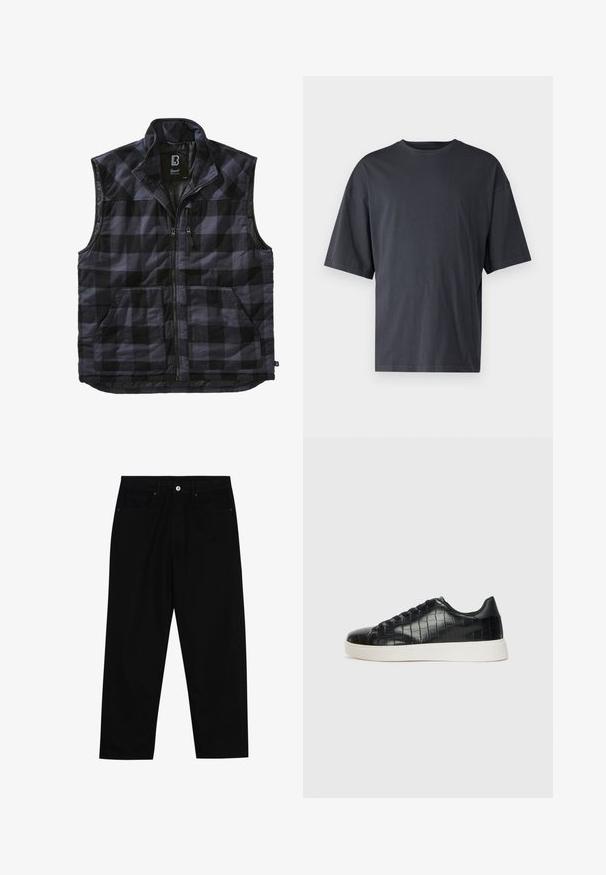 Czarna i szaro-skalista kamizelka z wysokim kołnierzem, zamkiem błyskawicznym z przodu oraz dwiema dużymi bocznymi kieszeniami. Miękka tekstura i pikowany wzór.; Ciemnoszara koszulka z krótkim rękawem wykonana z lekkiej bawełny, posiadająca luźny krój i klasyczny okrągły dekolt, o gładkiej fakturze i bez wzorów.; Czarne spodnie dżinsowe w klasycznym kroju prostym, z pięcioma kieszeniami i zapięciem na guzik z przodu. Gładka tekstura z minimalnymi detalami szwy.; Czarne sneakersy z teksturowaną cholewką ze skóry z tłoczeniem w kształcie krokodyla, okrągłym noskiem oraz kontrastującą białą gumową podeszwą o gładkim wykończeniu.