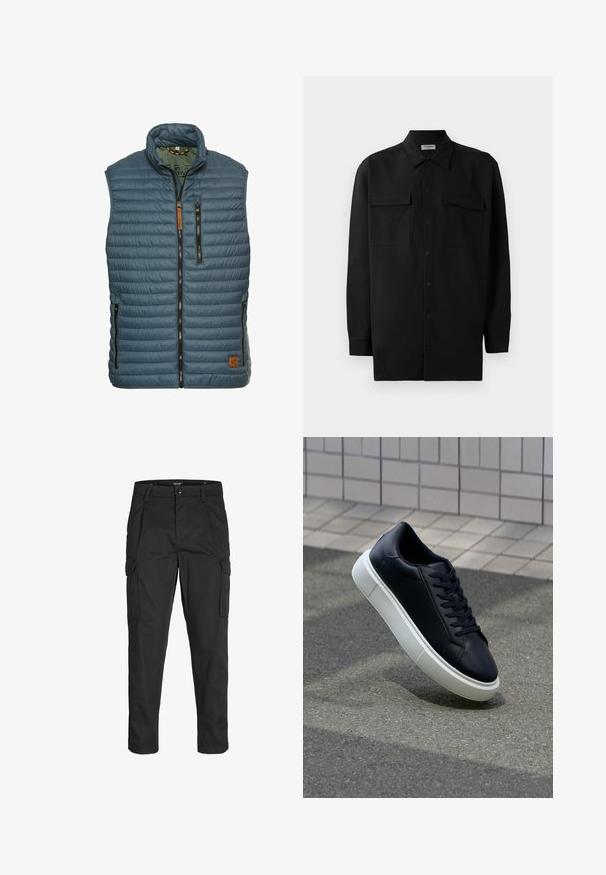 Gevoerde blauwe vest met een hoge kraag, ritssluiting aan de voorkant en twee ritszakken. Kenmerkt zich door horizontale stiksels en een bruin merklabel.; Zwarte button-up shirt gemaakt van gladde stof, met een klassieke kraag, twee voorzakken en lange mouwen met knopenmanchetten.; Zwarte cargobroek van stevig stof, met meerdere zakken, een knoopsluiting en een slim fit ontwerp met taps toelopende benen.; Zwarte leren sneaker met een ronde neus en een witte rubberen zool. Voorzien van platte veters en minimale stiksels op het bovenwerk. Textuurrijke zool voor grip.