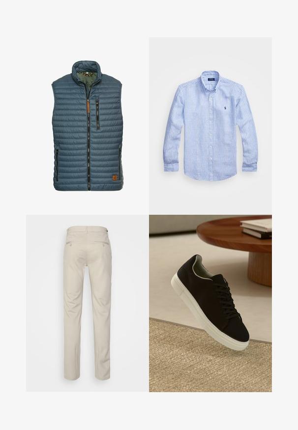 Polstret blå vest med høj krave, frontlynlås og to lynlåslommer. Har horisontal syning og et lysebrunt mærke.; Blå og hvid stribet langærmet skjorte lavet af bomuld, med knap-ned krave, frontknapper og et lille broderet logo på brystet.; Beige bukser med en glat overflade, lige snit, to baglommer med knapper og en standard talje.; Sort sneaker med hvid sål svævende over en beige tekstureret tæppe nær et rundt trætabel med stablede bøger.