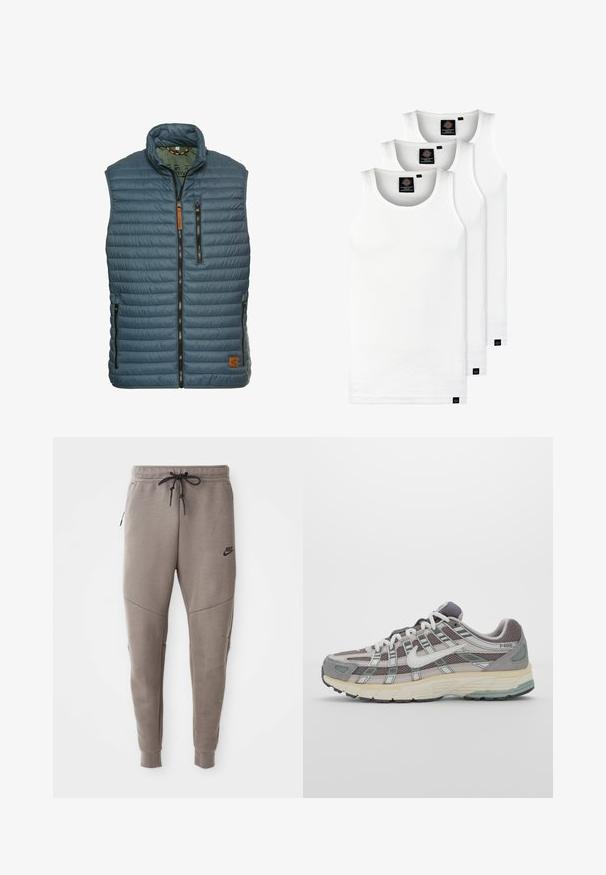 Gevoerde blauwe vest met een hoge kraag, ritssluiting aan de voorkant en twee ritszakken. Kenmerkt zich door horizontale stiksels en een bruin merklabel.; Drie witte geribde tanktops van katoen. Kenmerken zijn een ronde hals en kleine zwarte labels nabij de zoom. Verkrijgbaar in meerdere maten.; Grijze Nike-sweatpants met een verstelbare tailleband, taps toelopende benen, zijzakken en opvallende naaddetails. Zachte, gestructureerde stof.; Grijze sportieve schoen met een bovenwerk van mesh en suede, witte accenten, een gevoerde zool en een onderscheidend ontwerp met reflecterende elementen.