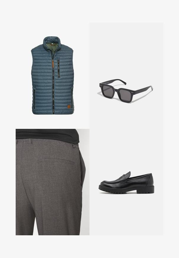 Gepolsterte blaue Weste mit hohem Kragen, Frontreißverschluss und zwei Reißverschlusstaschen. Mit horizontalen Nähten und einem beigen Markenpatch.; Schwarz-weiße Rundhalsausschnitt-T-Shirts, kurzärmlig, aus Baumwollstoff, mit glatter Textur, mit Branding am Ausschnitt.; Graue maßgeschneiderte Hose mit glatter Textur, ausgestattet mit einer einzigen hinteren Tasche und einem schlanken Schnitt. Der Stoff hat ein dezentes Muster.; Schwarze Lederloafers mit runder Zehenform, eleganter Schlupfdesign und dicker Gummisohle mit strukturiertem Griff. Erhöhter Absatz und dezente Nähdetails.; Schwarze rechteckige Sonnenbrillen mit dunklen Gläsern, die einen dicken Rahmen, subtile Akzente an den Seiten und keine sichtbaren Logos außer dem Markennamen aufweisen.; Leichte beiger Canvas-Umhängetasche mit zwei robusten Griffen, kontrastierendem weißen Besatz und dem Logo "THE NORTH FACE" in Schwarz an der Vorderseite.