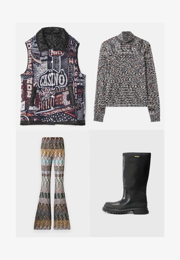 Siuvinėtas liemenės, turinčios daugiaspalvį, grafišką megztą raštą su įvairiais ženklų motyvais ir lygiu juodu audiniu apykakle bei kišenėmis.; Ilgas rankovės megztinis su aukštu kaklu, pagamintas iš tekstūruoto mezginio audinio, su daugiakampiu raštu, kuriame vyrauja rudos, juodos ir baltos spalvos.; Nertinės flared kelnės su daugių spalvų horizontaliomis juostelėmis žemės tonais, įskaitant garstyčių, mėtinės, rudos, juodos, rožinės ir pilkos spalvas.; Juodas odinis iki kelių batas su tekstūruotu paviršiumi, apvaliu pirštu ir storesniu guminiu padu. Viršuje yra prekės ženklo plokštelė.