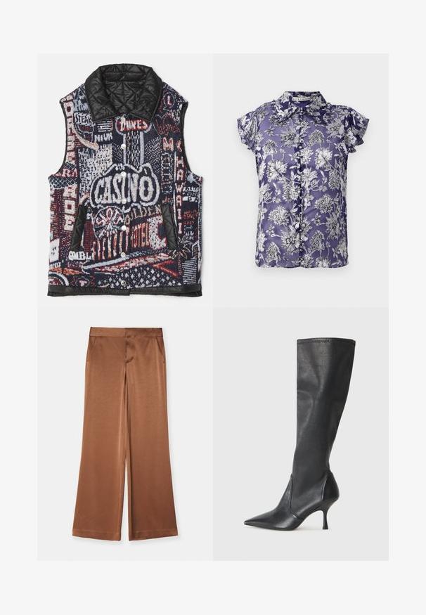 Pikēta veste ar daudzkrāsainu, grafisku adījumu, kas satur dažādu simbolu motīvus, un gludu melnu auduma apkakli un kabatām.; Purpursarkans, īsām piedurknēm, ar melnbaltu ziedu rakstu, ar pogu priekšpusi un apkakli. Zīda tekstūra.; Brūni plati bikses, izgatavotas no satīna, ar sānu kabatām, gludu tekstūru un pielāgotu jostasvietu, kas nodrošina strukturētu piegriezumu.; Ceļa auguma melni ādas zābaki ar smailu purngalu un šauru stiletto papēdi. Gluda tekstūra ar pieguļošu dizainu un izšuvumiem augšējā malā.