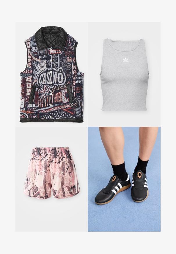Kamizelka pikowana z wielokolorowym, graficznym wzorem dzianiny, z różnymi motywami znaków oraz gładkim czarnym kołnierzem i kieszeniami.; Szary, bezrękawnikowy crop top wykonany z miękkiego materiału, z okrągłym dekoltem i małym białym logo Adidas na piersi.; Różowe i brązowe spodenki w wzory z elastycznym pasem i bocznymi paskami, z graficznym wzorem przypominającym liście i gałęzie.; Czarne buty wsuwane z białymi paskami i teksturowaną skórzaną cholewką, z okrągłym akcentem przy otworze i gumową podeszwą.