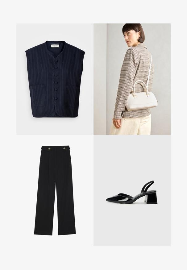 Mörkblå ärmlös väst med ränder, knapplist fram, mandarin-krage och två framfickor. Mjuk tyg, strukturerad form.; Vit ärmlös topp med rund halsringning. Tillverkad av ett mjukt tyg, har den en avslappnad passform och minimalistisk design. Inga mönster eller detaljer.; Svarta vida byxor med hög midja, knäppdetaljer i midjan och framfickor.; Svarta lackläder slingback klackar med spetsig tå och geometrisk klack. Har en elegant, minimalistisk design och slät yta.; Vitt strukturerat handväska med korta handtag och en axelrem, med gyllene detaljer och texturerat material, visad mot en grå bakgrund.