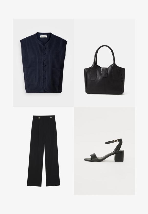 Mørkeblå ærmeløs vest med smalstribet mønster, knaplukking foran, mandarin-krave, og to forlommer. Blødt stof, struktureret form.; Hvit bomull t-skjorte med en avslappet passform, korte oppbrettede ermer, rund hals og en glatt tekstur. Enkel, minimalisk design.; Svart vide bukser med høy midje, knappdetaljer på midjebåndet og frontplisser.; Sorte hælede sandaler med en glat læderoverdel, åben tå, brede frontstropper og justerbar ankelstrop med en gold spænde detalje.; Svart skinn toteveske med jevn tekstur, strukturert form, to håndtak og en fremtredende sølvspenne foran.