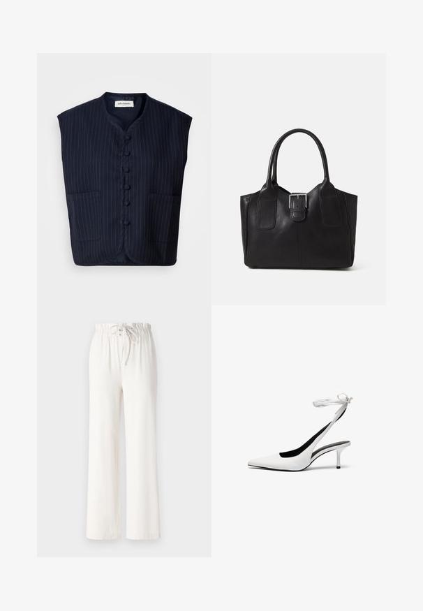 Tamsiai mėlynas be rankovių liemenė su smulkių juostelių raštu, priekyje su mygtukais, mandarinų tipo apykaklė ir dvi priekinės kišenės. Minkšta medžiaga, struktūrizuota forma.; Balta trumpa rankovė T-marškiniai, pagaminti iš minkštos medvilnės. Charakterizuojami apvali kaklo iškirpte ir laisvu siluetu. Švarus dizainas be matomų raštų ar akcentų.; Balti plačios kelnės, pagamintos iš minkštos medžiagos, su raišteliu liemens srityje ir glotnia tekstūra. Nėra matomų raštų ar puošmenų.; Balti smaili ovalo pirštai su banguota atvira užsegimo juosta. Lygi odinė medžiaga, plonas stiletto kulnas ir juodas vidinis pamušalas.; Juodas odinis nešiojamas krepšys su lygiu paviršiumi, struktūrine forma, dviem rankenėlėmis ir ryškiu sidabriniu sagties akcentu priekyje.